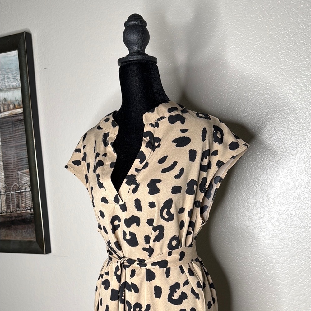 Tan and Black Wrap Sundress with Notched Collar - Picture 2 of 6